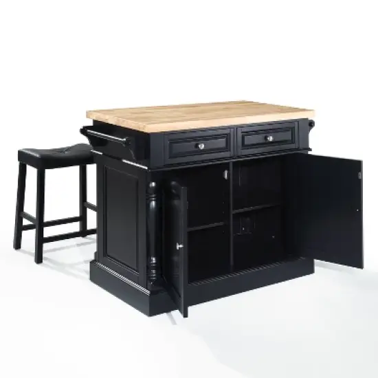 Oxford Kitchen Island with 2 Upholstered Saddle Stools Black - Crosley image {7}
