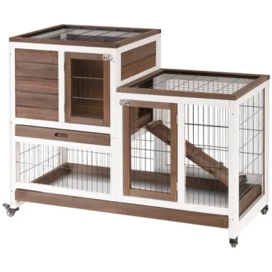 PawHut Wooden Rabbit Hutch Elevated Bunny Cage Indoor Small Animal Habitat with Enclosed Run with Wheels, Ramp, Removable Tray for Guinea Pigs image {8}