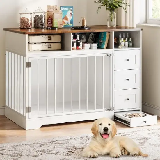 48'' Dog Crate Furniture, Heavy Duty Wooden Dog Kennel with Bowl & Storage Drawers, Indoor End Table for Small Medium Dogs image {10}