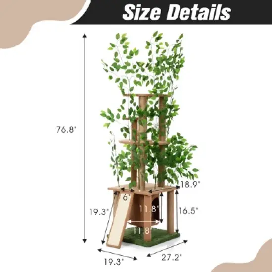 Sevobal Pet Tower Cat Tree with Artificial Leaves, Cat Condo and Scratching Post, Modern Cat Furniture, Brown, 27.2&ldquo;*19.3"*76.80" image {4}