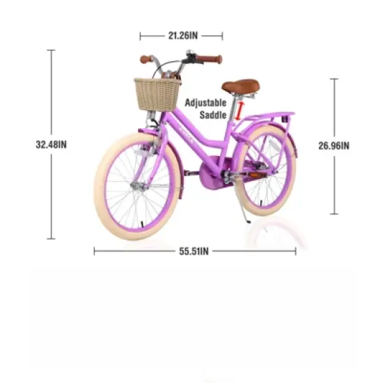 DSVIMOY 20 inch Girls Bike with Basket for 7-10 Years Old Kids, No Training Wheels Included, Purple, 55.51"*21.26"*32.48" image {2}