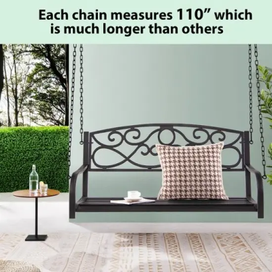 Costway Outdoor 2-Person Metal Porch Swing Hanging Patio Bench 485 Lbs Capacity Black\Brown image {4}