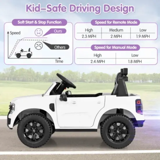 Infans 12V Licensed Ford Ranger Ride On Car for Kids, Spring Suspension, 3 Speeds, Horn, LED Lights, Powered Ride On Toy with Remote Control, White image {6}