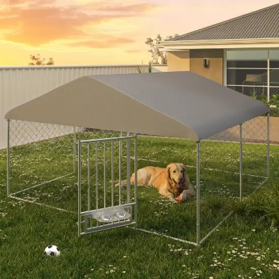 Erommy 10'x10' Outdoor Dog Kennel, Heavy Duty Large Dog Kennels with Waterproof Cover and Rotating Feeding Door image {2}