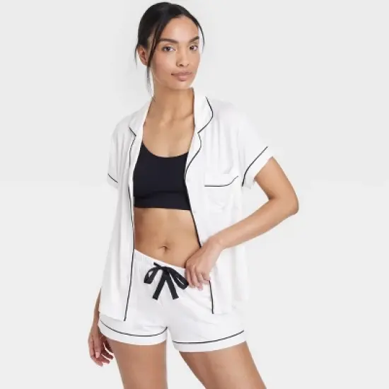 Women's Beautifully Soft Short Sleeve Notch Collar Top and Shorts Pajama Set - Stars Above&trade; White image {2}