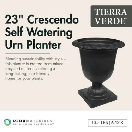 Tierra Verde Self-Watering Indoor Outdoor Urn Planter, Crescendo, 19"x23", Black image {1}