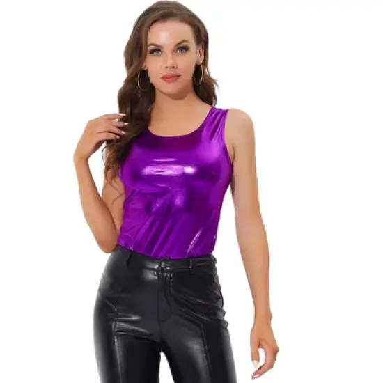 Allegra K Women's U Neck Stretchy Slim Fit Shiny Sparkly Metallic Tank Top image {24}