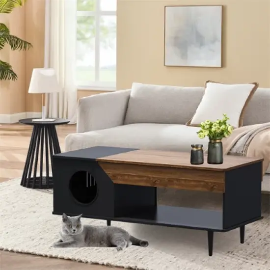 45'' Coffee Table Hidden Cat Litter Box Enclosure Kitty Litter Box Furniture with Storage Drawer and Metal Legs, Cat House for Living Room image {7}