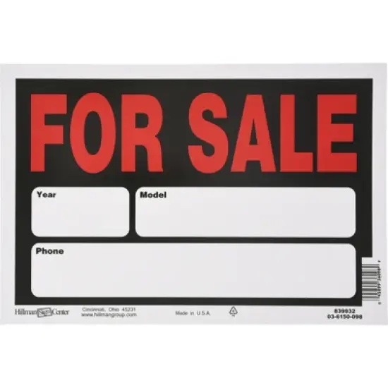 Hillman English Black Auto For Sale Sign 8 in. H X 12 in. W - Case of 6 image {1}