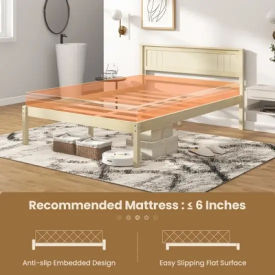 Costway Full/Queen/Twin Size Wooden Platform Bed Frame with Headboard Mattress Foundation Natural image {6}