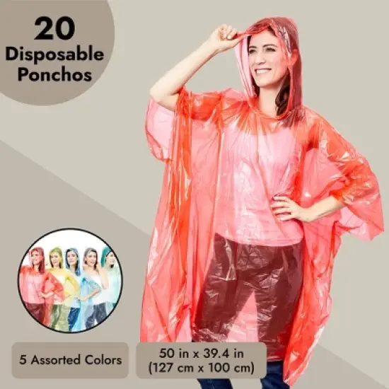 Juvale Juvale 20-Pack Disposable Rain Ponchos with Hood for Adults and Family - Clear Multicolor Emergency Raincoats image {6}