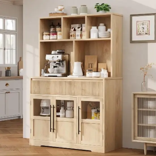 60'' Kitchen Pantry Cabinet, Tall Pantry Storage Cabinet with Microwave Stand, Farmhouse Kitchen Hutch with Storage Drawers image {2}
