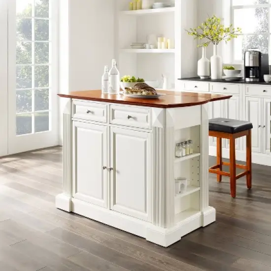 Coventry Drop Leaf Top Kitchen Island with Upholstered Square Stools White - Crosley image {1}