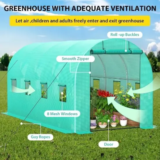 Tunnel Greenhouse 13 x 8 x 7 FT Hoop House Galvanized Steel Frame PE Cover with 6 Mesh Windows 2 Roll-Up Zipper Doors image {4}