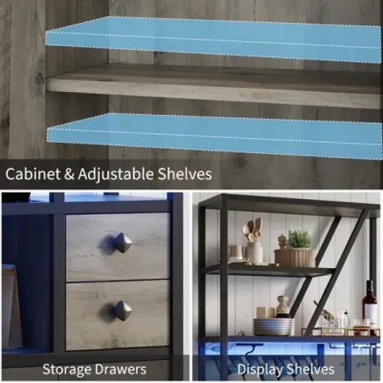 Wine Bar Cabinet with LED Lights & Power Outlets, Tall Coffee Bar Station with Wine Rack, Microwave Stand for Kitchen, Living Room image {6}