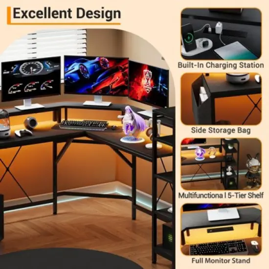 61 Inch L Shaped Home Office Gaming Desk with Outlets - Built-in LED Lights & 5-Shelf System image {4}