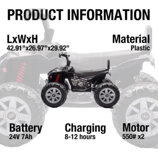 24 Volt Kids ATV Ride-On, Electric Dual 4 Wheeler with 2-Seater, Ride on Toys for Big Kids with LED Lights, Music, High Low Speed image {3}