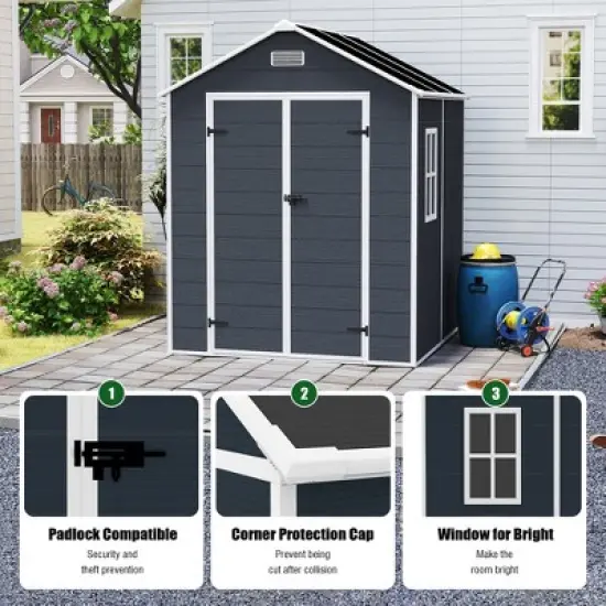 6*6ft resin storage shed, high quality pp material, rust and UV proof, large storage space, 12mm thick pp board, HD window lighting Dark gray image {2}