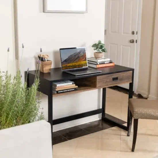 Oslo Contemporary Studio Workstation Desk with Drawer Black/Brown - Danya B. image {2}