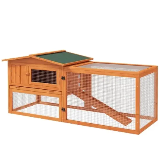 PawHut Rabbit Hutch 2-Story Bunny Cage Small Animal House with Slide Out Tray, Detachable Run, for Indoor Outdoor, Orange image {8}