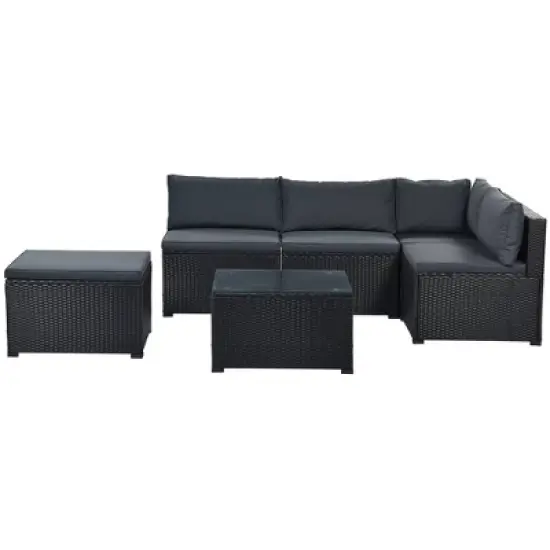 6pc Wicker Patio Conversation Set with Cushions - Black/Gray - GODEER image {9}