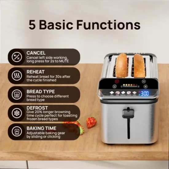 Whall New 2-slice toaster, Smarter Screen And Easier Operation, Full Stainless Steel,5 Basic Functions,Suitable For Different Bread Household Electric image {3}