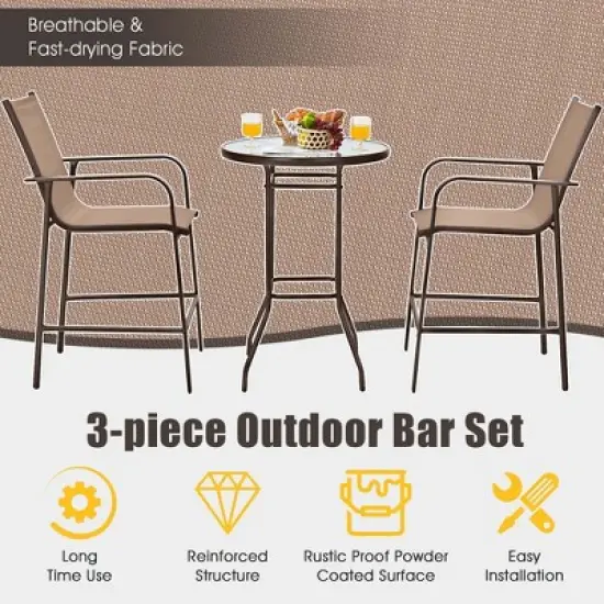 Costway 3 PCS Outdoor Patio Bar Table Stool Set Height Tempered Glass Top image {6}
