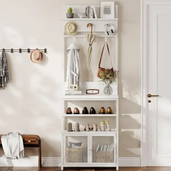 72.8" White Narrow Entryway Coat Rack w/ Doors & Shoe Storage - 7-Hook Hall Tree Organizer for Mudroom, Bedroom & Closet image {3}