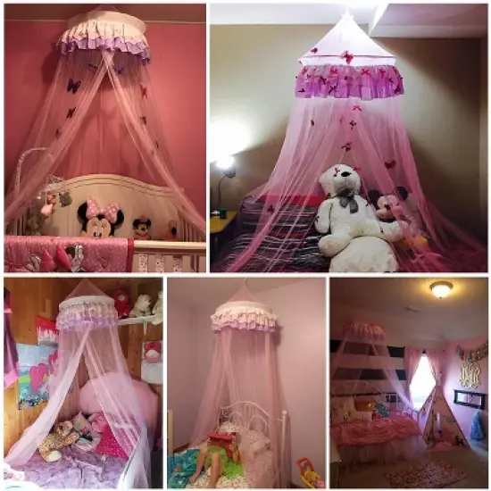 Costway Elegant Lace Bed Mosquito Netting Mesh Canopy Princess Round Dome Bedding Net image {3}