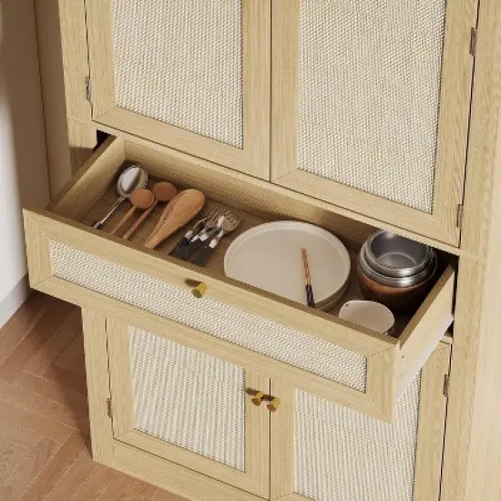 70" Tall Kitchen Pantry Cabinet, Handwoven Rattan Doors, Adjustable Shelves, 1 Drawer, Storage Cupboard, Oak Finish image {5}