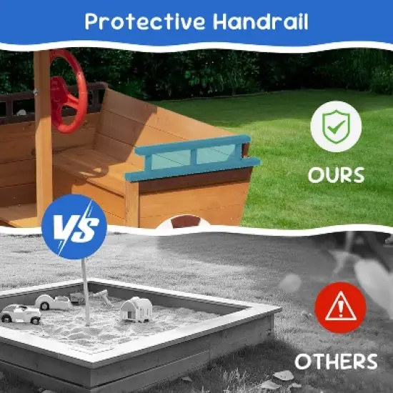 Outdoor Sandbox with Cover & Rudder, Pirate Ship Wooden Sand Box for Kids Ages 3-8, Children Outdoor Play Equipment, Brown image {4}