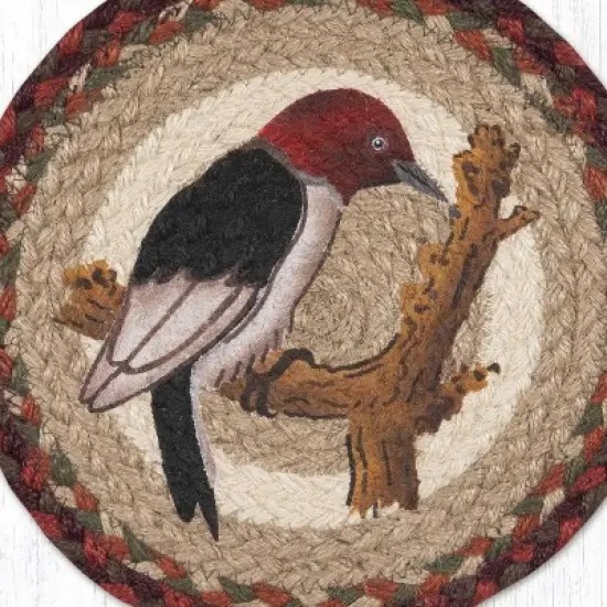 Earth Rugs Woodpecker Round Trivet &ndash; 10" Rustic Bird Print on Braided Natural Jute Table Mat image {2}