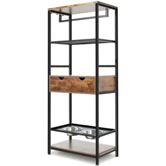 Lirago Black Vintage Cat Feeding Station 23.6x13.8x63"-3 Adjustable Bowls and Storage Shelves image {11}