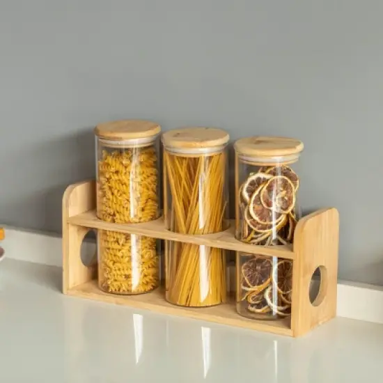 Basicwise 3 Pcs 30oz Glass Jars with Bamboo Shelf for Storing Coffee, Sugar, and Grains, Airtight Canisters for Nuts, Pasta.Ideal for Kitchen & Pantry image {1}