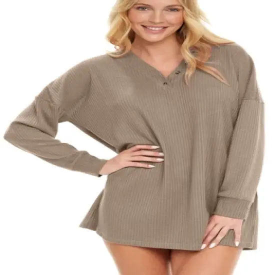 Women's Soft Ribbed Waffle Rib Knit Oversized Sleep Shirt, V-neck Night Shirt Sweater Top image {7}