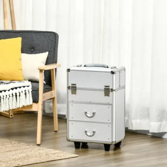 HOMCOM Rolling Makeup Train Case, Large Storage Cosmetic Trolley, Lockable Traveling Cart Trunk with Folding Trays, Swivel Wheels and Keys, Silver image {2}