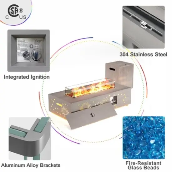 Evita 50,000 BTU Outdoor Fire Pit Table with LED Light, Propane Tank, Windshield, Glass Stone and Rain Cover-42*20*12 Inch image {6}