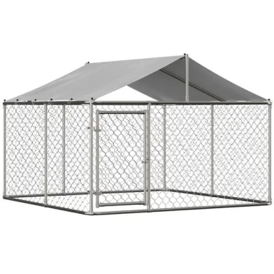 Outside Dog Kennel with Roof, Galvanized Steel Pet Enclosure Chain Link Dog House (90"D x 90"W x 65"H) image {9}