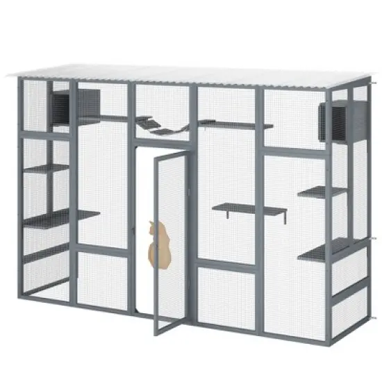 Sevobal Pet Crates and Houses Cat Enclosure boasting, 6 Leaping Platforms, 2 Feline Condos, a Catwalk, and a Scratching Panel, Gray, 100.78"*35.4"*72" image {5}