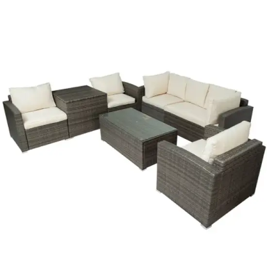 7pc Wicker Patio Set with Cushions & Storage Box - Gray/Beige - GODEER image {6}