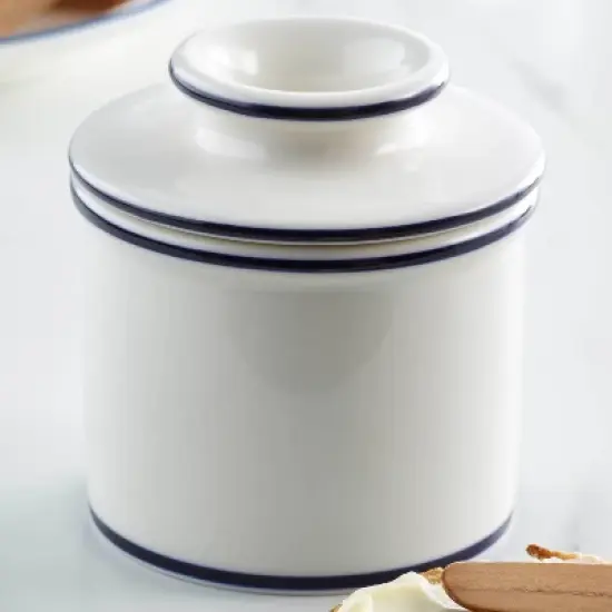 Butter Bell&reg; Crock &ndash; Le Bistro White with Blue Trim Ceramic Butter Keeper, French Caf&eacute;-Style Butter Dish for Fresh, Spreadable Butter image {4}