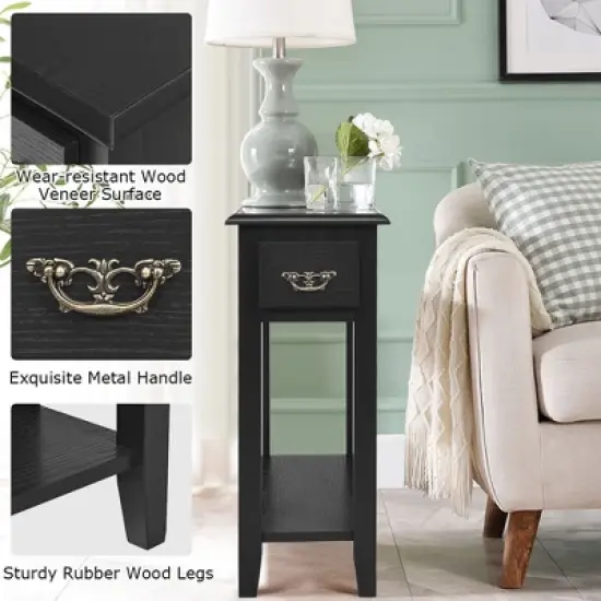 Costway 2 Tier End Bedside Sofa Side Table Narrow Nightstand w/Drawer &Shelf Black image {9}