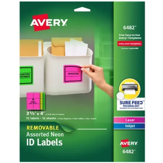 Avery Removable Multipurpose Labels, Sure Feed Technology, 3-1/3" x 4", Assorted Neon, 72 Labels (6482) image {8}