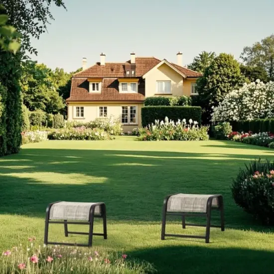 Hyleory 2-Pack Outdoor Teslin Fabric Footstools with Iron Frame - Waterproof Stackable Ottoman Set for Patio Garden and Poolside image {3}