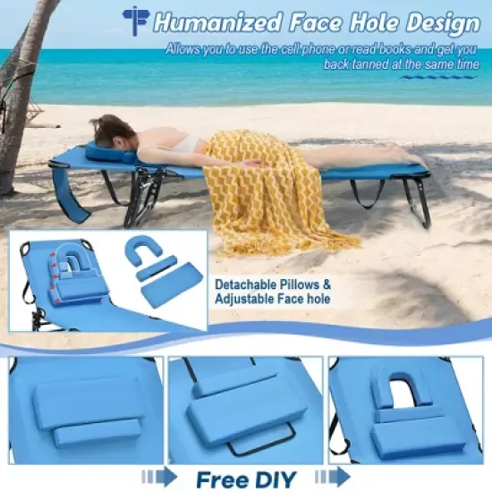 Costway Beach Chaise Lounge Chair with Face Hole Pillows & 5-Position Adjustable Backrest Blue image {5}