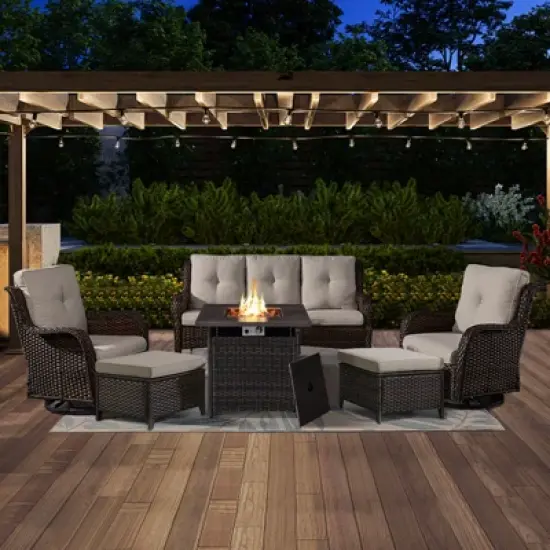POCASSY 6 Piece Patio Furniture Set with Fire Pit, All Weather Wicker Rattan Patio Sofa Couch Set with Swivel Patio Chair and 50000BTU Square Fire Pit image {11}