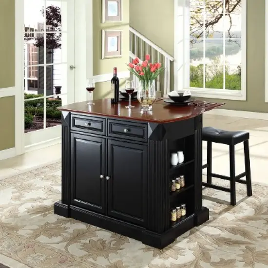 24" Coventry Upholstered Saddle Stools & Drop Leaf Breakfast Bar Black - Crosley image {4}