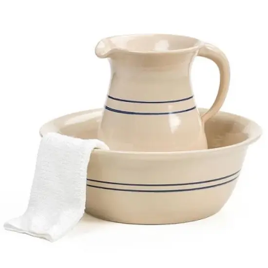 Martinez Pottery Heritage Blue Stripe Stoneware Wash Basin and Pitcher Set image {4}