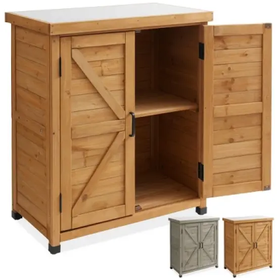 Casafield Outdoor Storage Cabinet and Potting Bench with Metal Tabletop and Storage Cabinet - Wooden Outdoor Garden Patio Workstation Table image {7}
