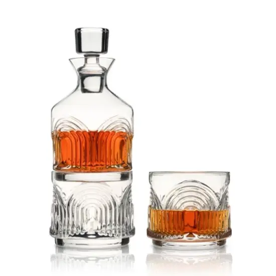 Viski Beau Stacking Decanter Set with Lowball Glasses - Crystal Decanter and Glasses for Whiskey - Art Deco Cocktail Glasses Whiskey Decanter Set of 3 image {7}